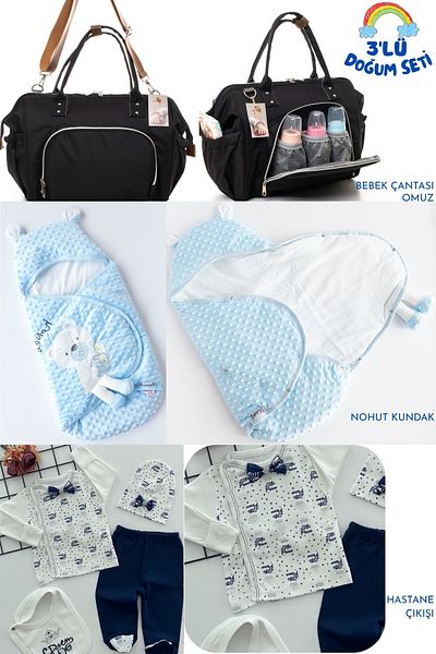 Allmart 3-Piece Birth Set (Snap Fastener Chickpea Swaddle, Functional Baby Care Bag and 100% Cotton Hospital Release)