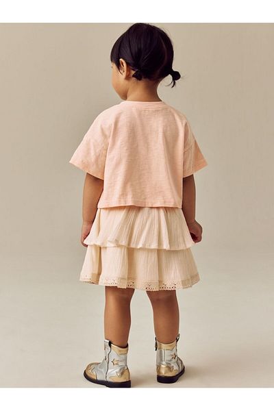 Next Baby Cotton Pink Floral Print Short Sleeve Thsirt Skirt Bottom Top Set
