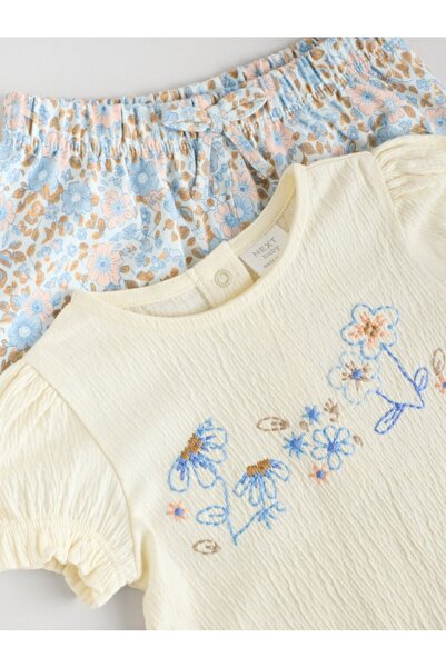 Next Baby Cotton Ecru Floral Patterned Short Sleeve Top and Bottom Set