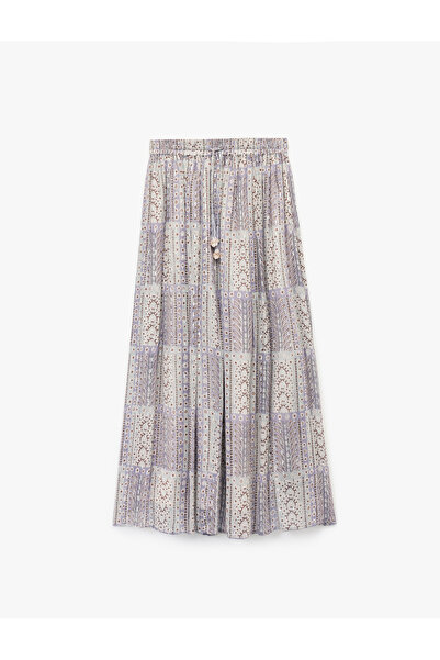 Koton Lined Ethnic Patterned High Waist Elastic Tie-Up Long Chiffon Flared Skirt