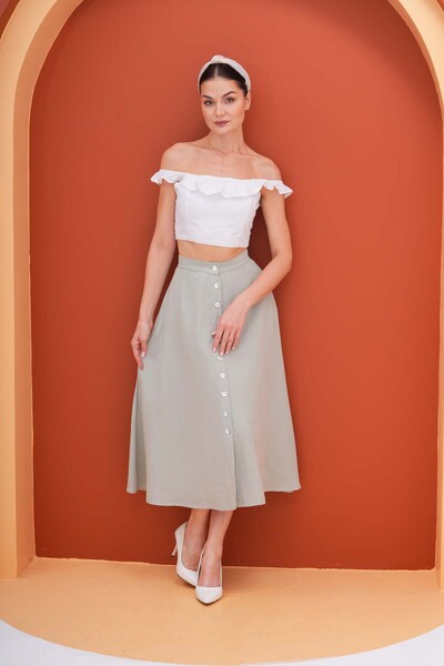 Shine Fine Green Midi Cotton Skirt with Button Detail and Pockets