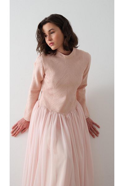 miha Hicran Önal Fisherman Collar Crepe Chiffon Dress Powder