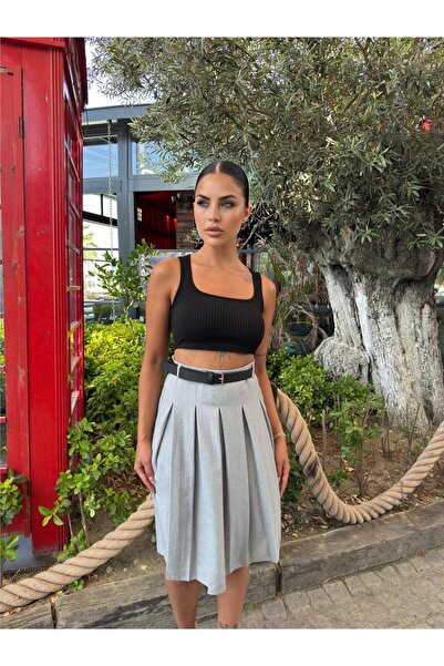 WeShaya Gray Pleated Skirt Belted Skirt