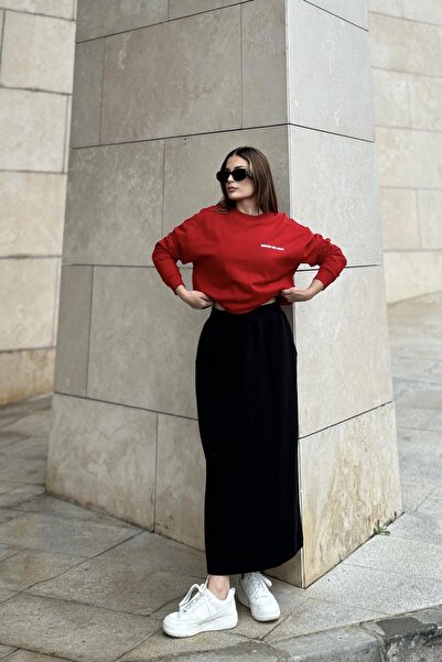 NEW LAVİVA Women's Black Elastic Waist, Comfortable Fit, Long Skirt with Pockets