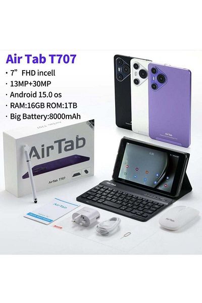 AİRTAB Smart T707 Tablet with Arabic Keyboard, FHD 7-inch Screen, 16GB RAM, 1TB Storage, Powerful 8000mAh B