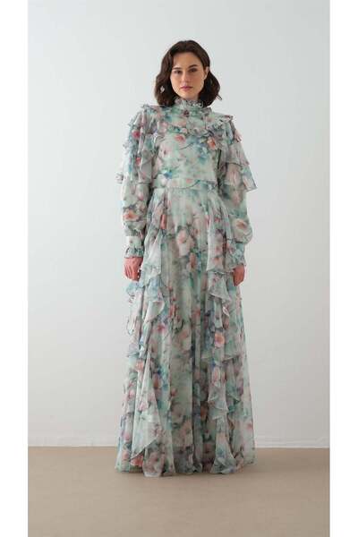 miha Hicran Önal OMUZ VE ETEK YANI BÜZGÜLÜ ELBİSE Mint