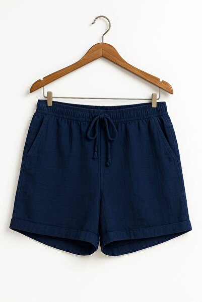 enmodaiçgiyim Navy Blue Large Size 100% Cotton Muslin Fabric Women's Two-Pocket Comfortable Summer Shorts