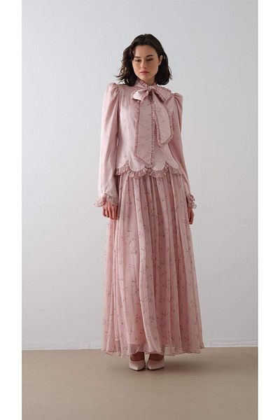 miha Hicran Önal Patterned Dress with Scarf on the Front Pink