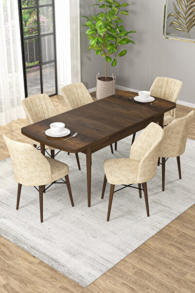 SHOOVVEL Arel Barok Desen 80x132 Açılabilir Mdf Masa Yemek Odası Takımı, Mutfak Takımı 6 Adet Sandalye