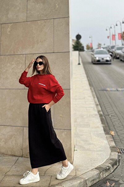 NEW LAVİVA Women's Black Elastic Waist, Comfortable Fit, Long Skirt with Pockets