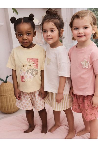 Next Baby Cotton Pink Short Sleeve Sun Flower Pattern 3-Piece Bottom Top Set