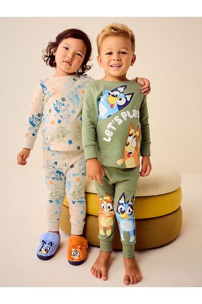 Next Baby Cotton Khaki Cream Bluey Patterned Long Sleeve Pajamas Bottom Top Set