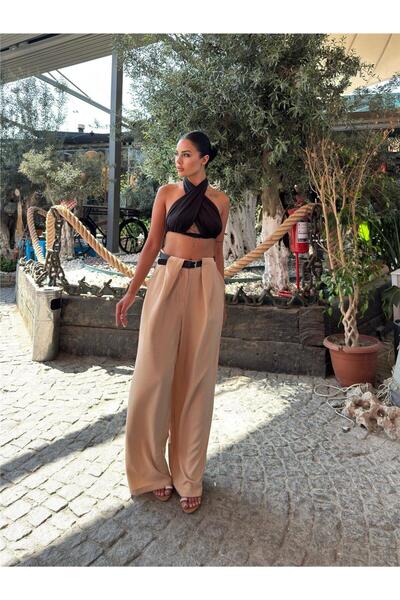 WeShaya Beige Linen Blend Belted Trousers
