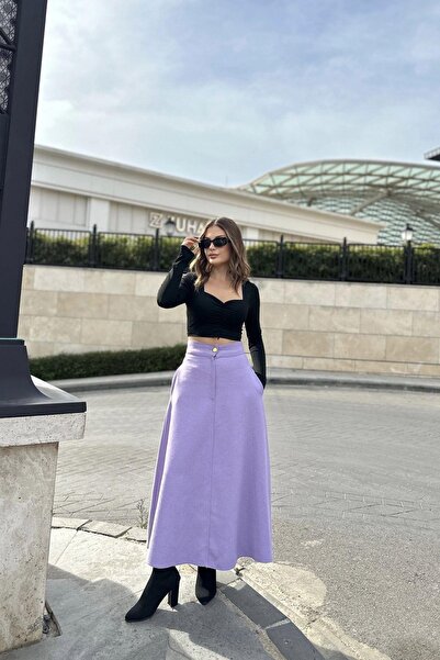 NEW LAVİVA Damă liliac talie înaltă, buzunare, lungă, țesătură cu snur, fustă Maxi evazată (corritură îngustă)