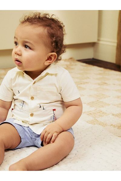 Next Baby Cotton Blue/White Boat Patterned Baby Shirt and Shorts Set