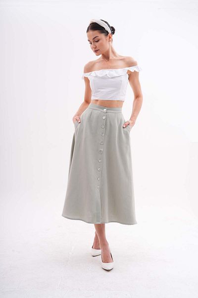 Shine Fine Green Midi Cotton Skirt with Button Detail and Pockets