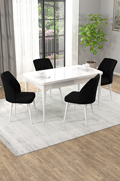 SHOOVVEL Arel Beyaz 80x132 Açılabilir Mdf Masa Yemek Odası Takımı, Mutfak Takımı 4 Adet Sandalye