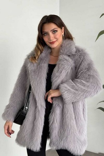 Safgiyim44 Women's Jacket Collar Faux Long Fur Coat Gray