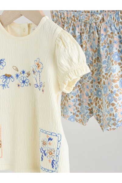 Next Baby Cotton Ecru Floral Patterned Short Sleeve Top and Bottom Set