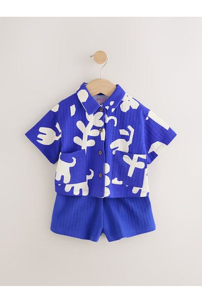 Next Baby 100% Cotton Blue Aniaml Patterned Short Sleeve Muslin Bottom Top Set