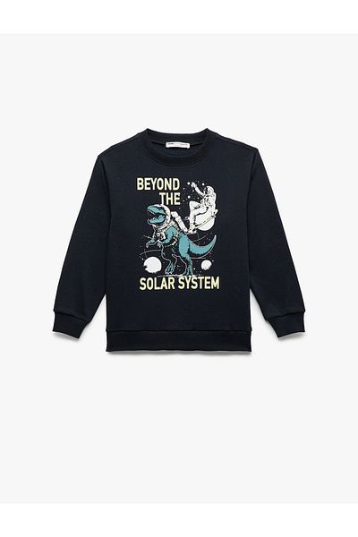 Koton Long Sleeve Crew Neck Dinosaur Printed Hooded Sweatshirt