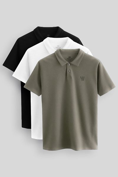 TOMMY LIFE Standard Fit Basic Polo Neck 3 Pack Black-White-Cagla Men's T-Shirt 87768