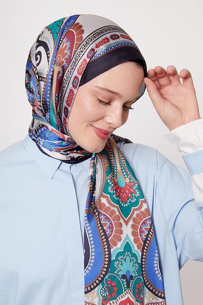 Levidor K.Navy Blue Edge Geometric Pattern Indian Silk Shawl
