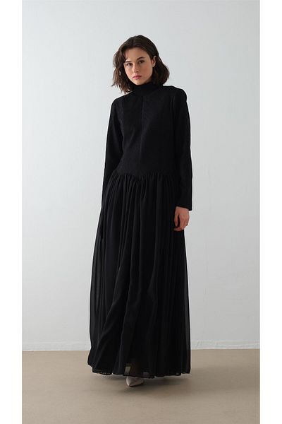 miha Hicran Önal Fisherman Collar Crepe Chiffon Dress Black