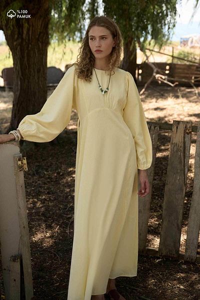 Hooopstore Balloon Sleeve Butter Yellow Natural Dress