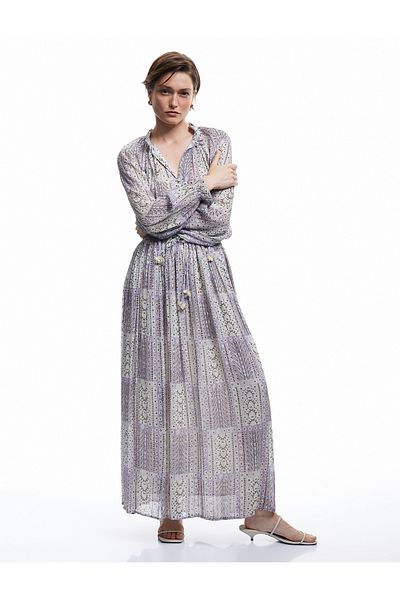 Koton Lined Ethnic Patterned High Waist Elastic Tie-Up Long Chiffon Flared Skirt