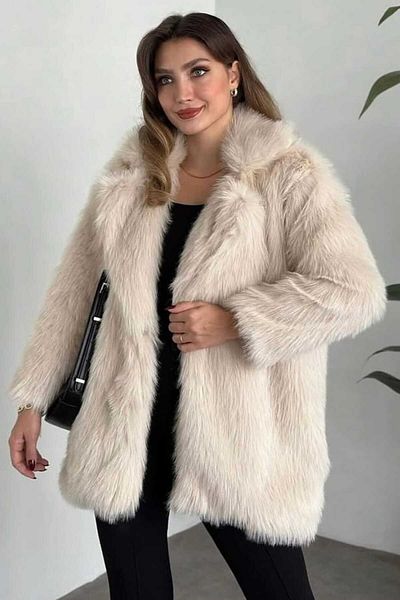 Safgiyim44 Women's Jacket Collar Faux Long Fur Coat Cream