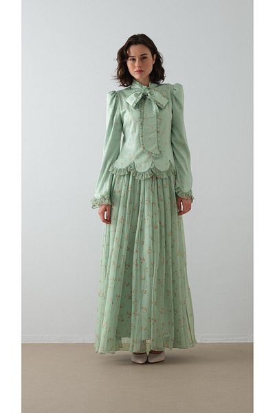 miha Hicran Önal Patterned Dress with Scarf on the Front Mint