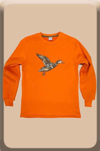 WİDİ Hunting Hunter Camouflage Pattern Duck Printed Regular Fit 100% Cotton Crew Neck Orange Sweatshirt
