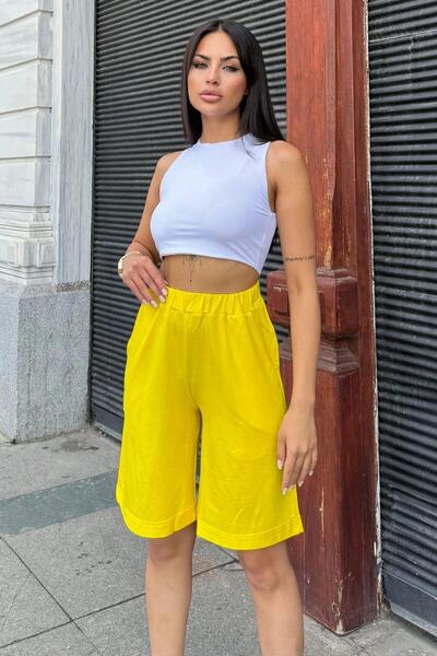 NEW LAVİVA Women's Yellow Capri Shorts - Double Leg, Anti-Sweat, Pocket and Loose