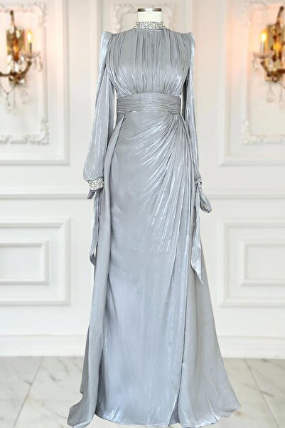 Amine Hüma Gözde Abiye Elbise Gri