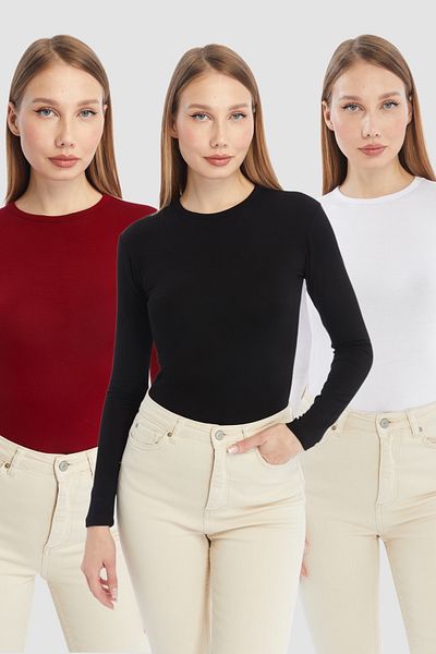 LAENT Women's Black White Claret Red Round Neck 3-Piece Bodysuit