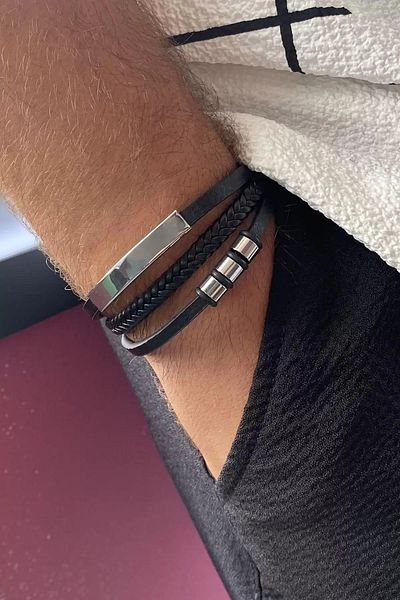 Mutenaura Black leather detailed steel men's bracelet