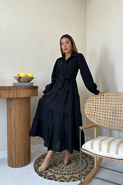 Castivo Fashion Layered Flounce Belted Shirt Collar Maxi Dress