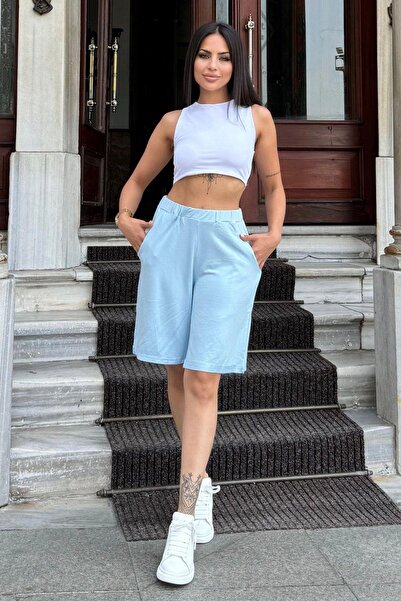 NEW LAVİVA Baby Blue Women's Capri Shorts - Double Leg, Anti-Sweat, Pocket and Loose