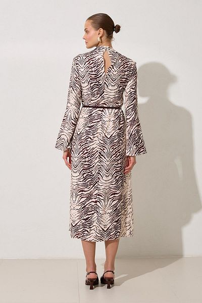 Setre Ecru-Burgundy Waist Belt Detailed Long Sleeve Patterned Midi Length Dress
