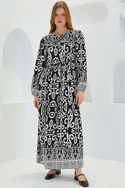 Merterium Women's Patterned Long Dress Black Ecru 1147