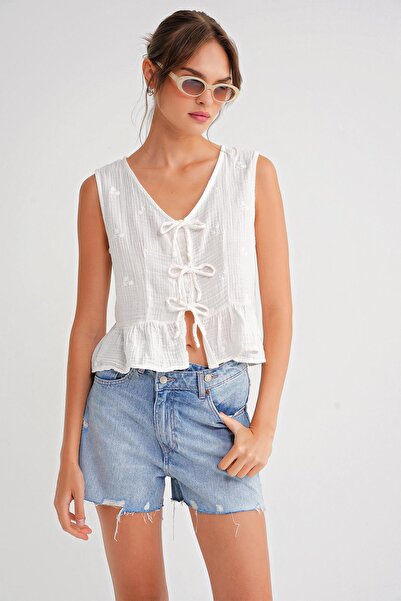 Mixray 4724 Women's Floral Patterned Tie-Up Muslin Blouse Ecru