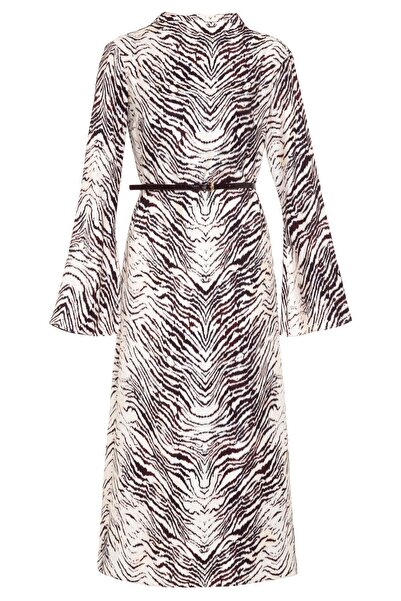 Setre Екрю-бордо с колан в талията, дълги ръкави и детайли, рокля с дължина до коляното