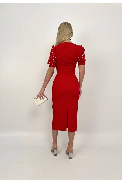 Fade inci cıkmalı karpuz kol midi elbise