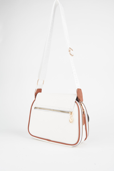 Vivaq Women's Clover White Tan 4 Pocket Flap Zipper and Snap Closure Arm and Shoulder Bag