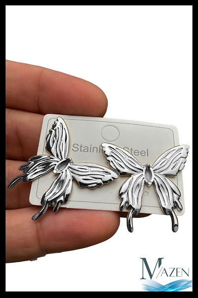 MAZEN Long Wing Butterfly Earrings |   316L Stainless Steel |   Women's Jewelry Accessory (3 cm) Silver Color