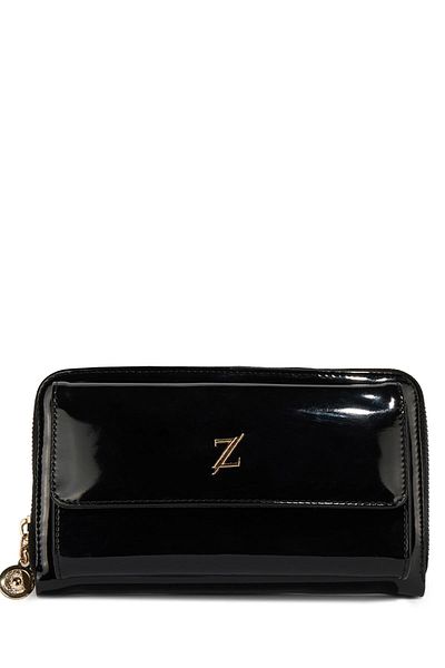 Zühre Black Patent Leather Wallet with Double Eye Strap Detail Zc015