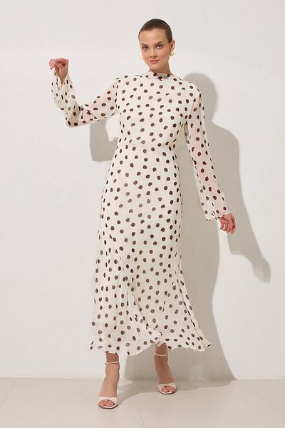 Setre Ecru-Brown Waist Seat Collar and Sleeve Detailed Polka Dot Dress