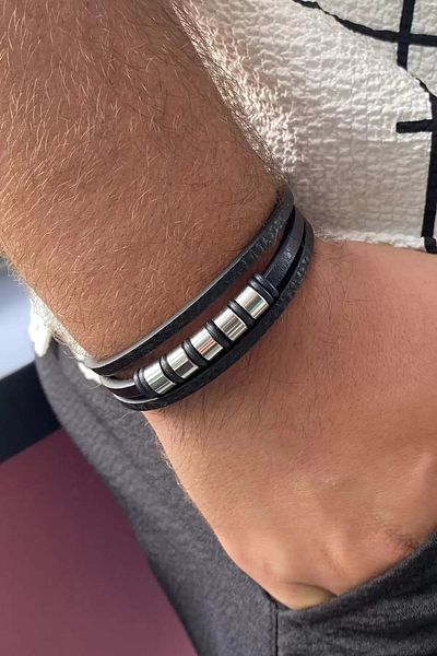 Mutenaura Black leather detailed steel men's bracelet