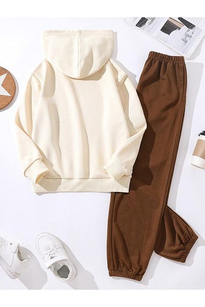aynewmoda Hooded top set with cartoon bear print long sleeves for women